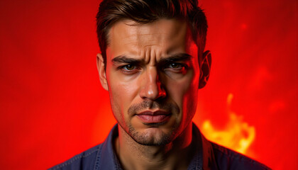 Fototapeta premium Angry expression in fiery background, intensity and emotion