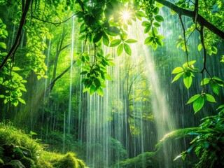 Obraz premium Lush Forest Rain Shower: Nature Photography, Refreshing Green Scenery, Emerald Canopy, Summer Rain, Forest Bath