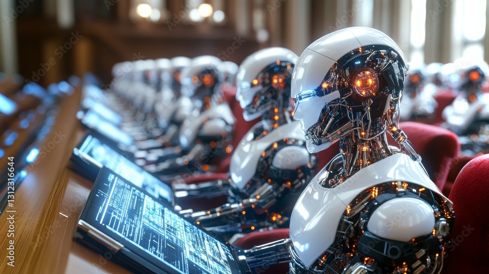 Poster robots engaged in advanced computing and animation in a futuristic setting