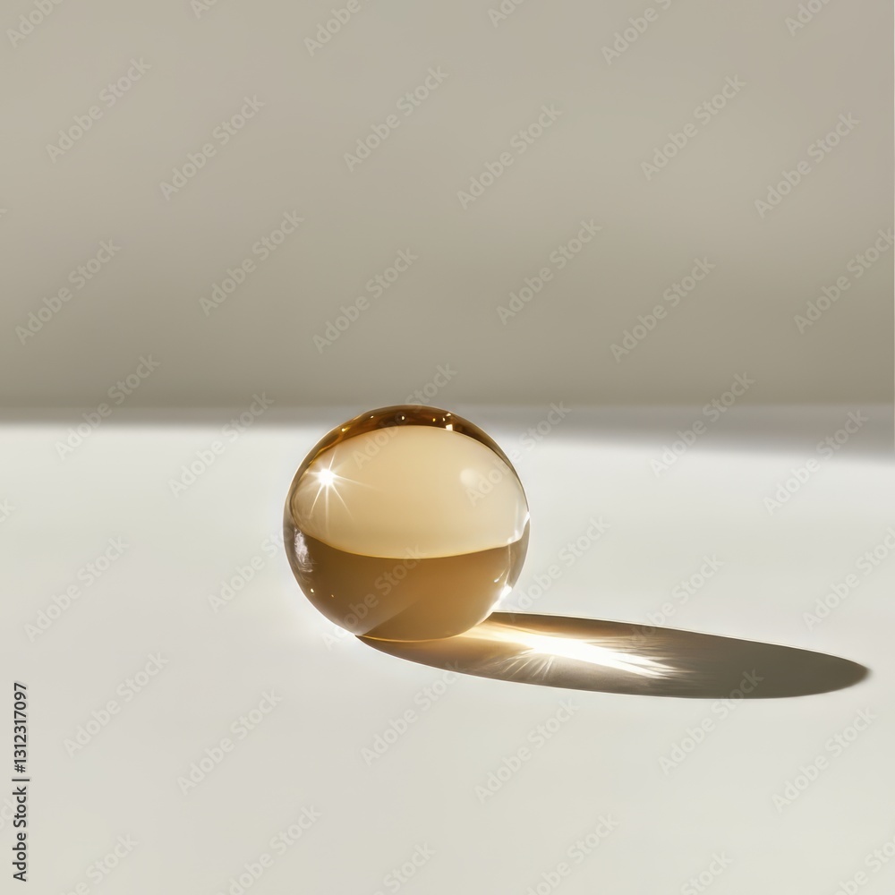 Poster a glass sphere on a neutral surface, casting a shadow with soft lighting and reflections, creating a