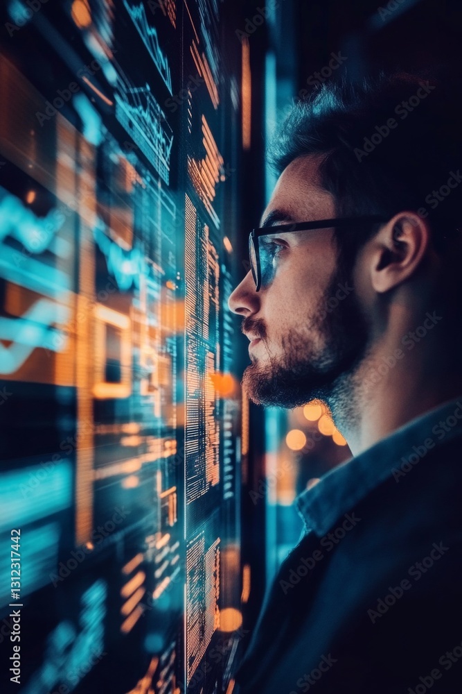 Aufkleber man analyzing data visualization on a digital screen in a modern urban environment at night