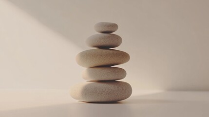 A serene stack of smooth stones on a neutral background, symbolizing balance and tranquility in a minimalist setting.