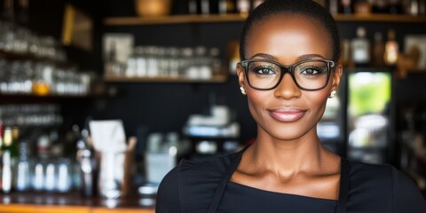 A dedicated barista smiles warmly while standing behind the counter, surrounded by coffee machines and a lively atmosphere filled with patrons and conversations