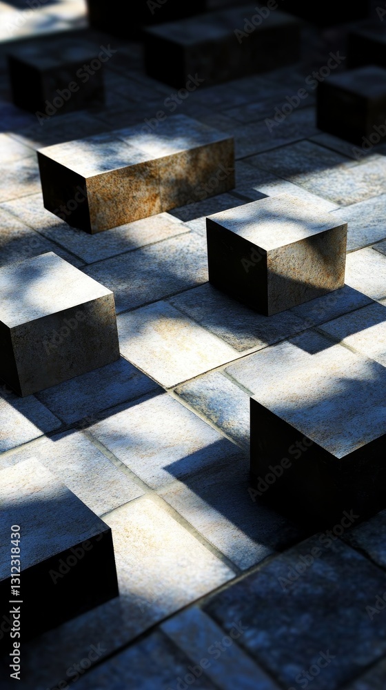 Poster an artistic view of stone blocks arranged in an urban setting, showcasing the interplay of shadows a