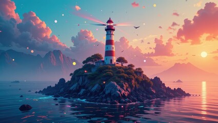 Fototapeta premium Lighthouse on a Rocky Island Surrounded by Calm Water and Vibrant Sunset Colors