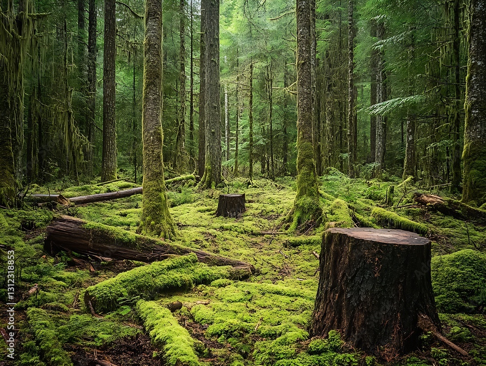 Poster Serene view of a lush green forest with fallen trees and moss covering the ground in a tranquil setting : Generative AI