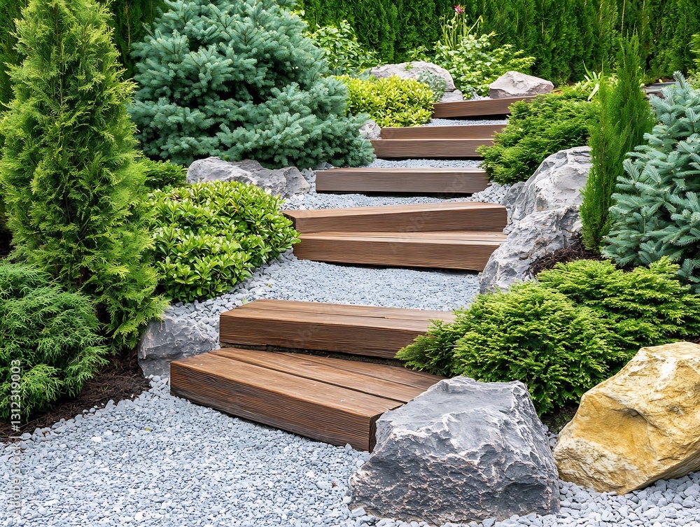 Poster beautiful garden path made of wooden steps surrounded by lush greenery and decorative stones in a se