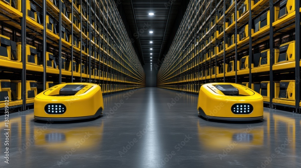 Poster automated warehouse: two yellow robots navigate modern storage system