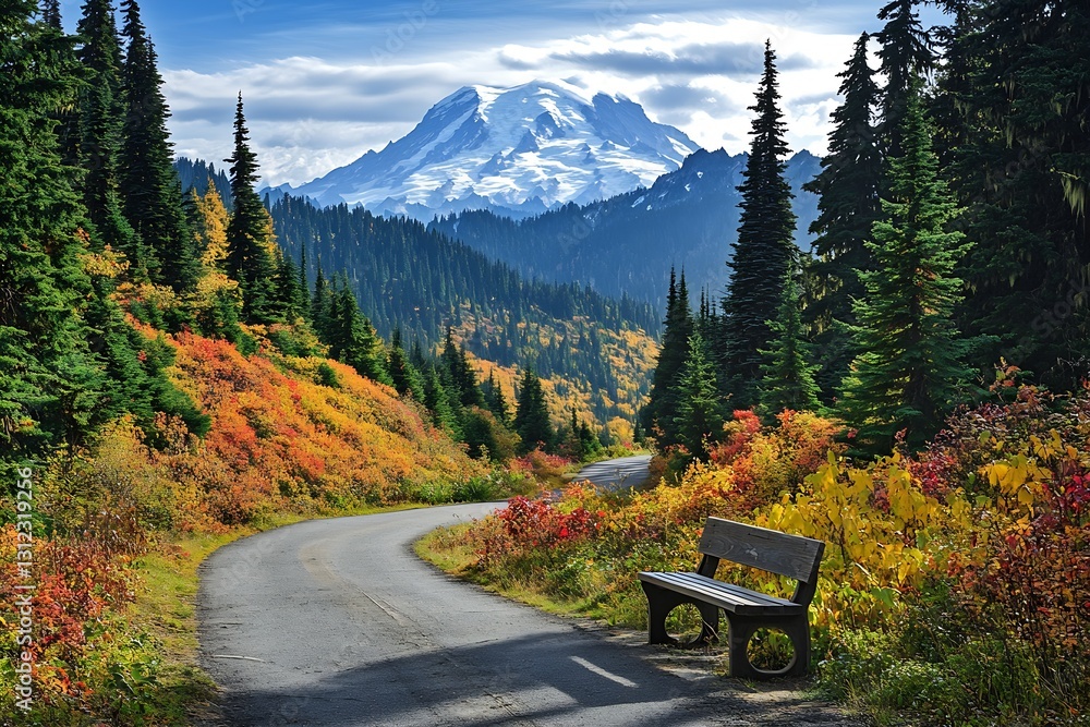 Poster scenic pathway with a bench surrounded by vibrant autumn foliage and majestic mountains in the backg