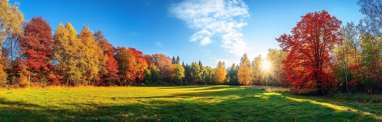Vibrant Autumn Landscape with Colorful Trees and Sunlight Illuminating the Meadow : Generative AI