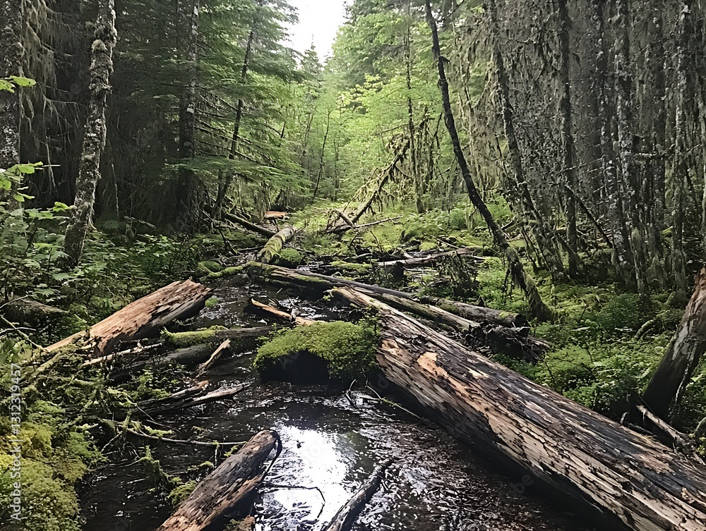 Poster tranquil forest stream surrounded by green foliage and fallen logs in natural wilderness setting : g