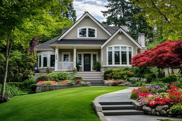 Charming family home surrounded by lush greenery and colorful flowers in the garden : Generative AI
