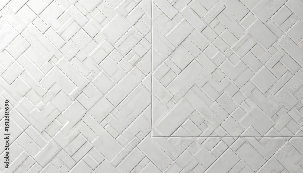 Poster Herringbone white tile pattern. Seamless marble texture background. Wall cladding surface for modern interior design. Decor element for home decorating, bathroom, kitchen, floor works. Elegant