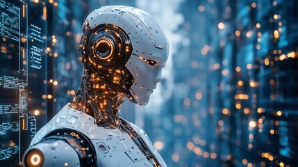 White cybernetic robot with glowing neural connections, futuristic smart assistant in a digitally connected cyber world