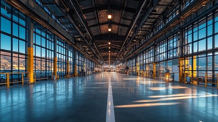 Spacious Industrial Warehouse with Natural Light, A spacious, empty industrial warehouse with large windows and a high ceiling