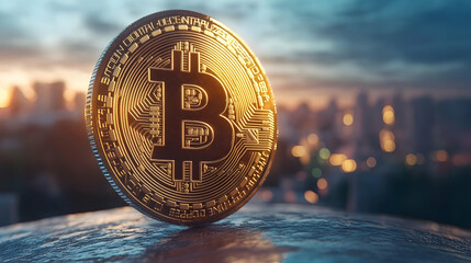 Golden Bitcoin on City Skyline at Sunset