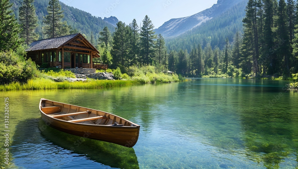 Aufkleber idyllic scene of a wooden boat gently floating on a tranquil lake embraced by towering trees and mou