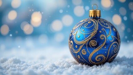 Beautiful Blue and Gold Christmas Ornament Glimmering in the Snow with Soft Bokeh Background