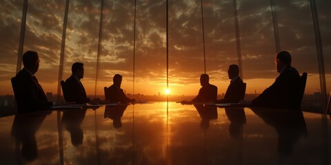 Silhouetted executives engage in a discussion during a meeting as the sun sets, casting warm colors across a glass-walled conference room in a high-rise building
