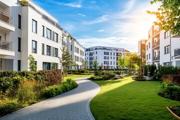 Obraz premium Stunning urban landscape showcasing modern residential buildings and lush green gardens in a peaceful setting : Generative AI