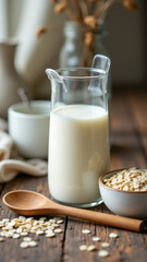 "A glass pitcher filled with milk on a rustic wooden surface next to bowls of granola and oatmeal, perfect for a wholesome breakfast setting."