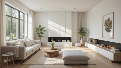 Spacious Minimalist Living Room with Natural Light and Cozy Furnishings in Modern Style