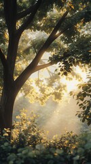 Fototapeta premium Sunlight streams through dense forest foliage, creating a peaceful and natural atmosphere.