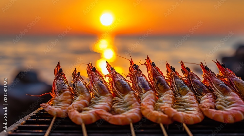 Poster row of shrimp are being cooked on a grill by the ocean. the sun is setting in the background, creati