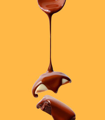 Creative layout made of bar of dark and white chocolate  on the yellow background. Flat lay. Food concept.  Melted chocolate on the blue.