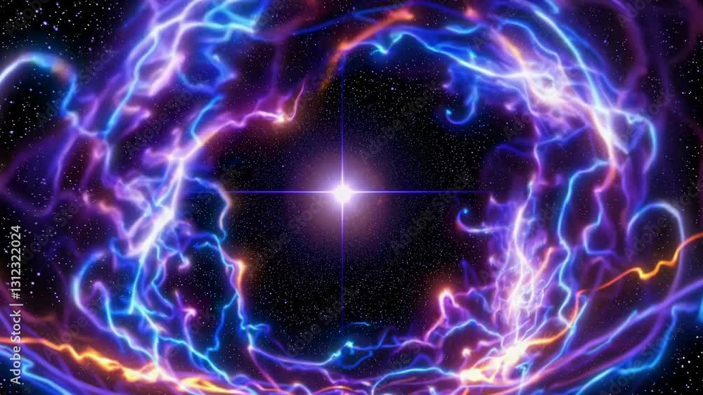 Wall mural glowing energy waves expand and contract, simulating cosmic inflation against a backdrop of stars, c