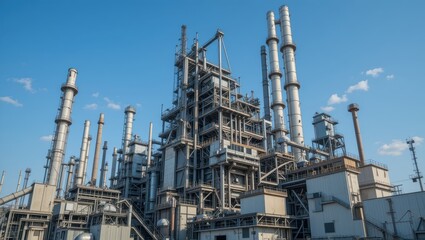 Complex Industrial Structure with Towering Pipes Against a Clear Blue Sky in Daylight