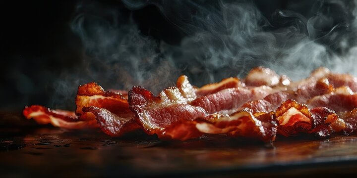 Smoky hickory bacon bursting with aroma mid-air on a deep mahogany background