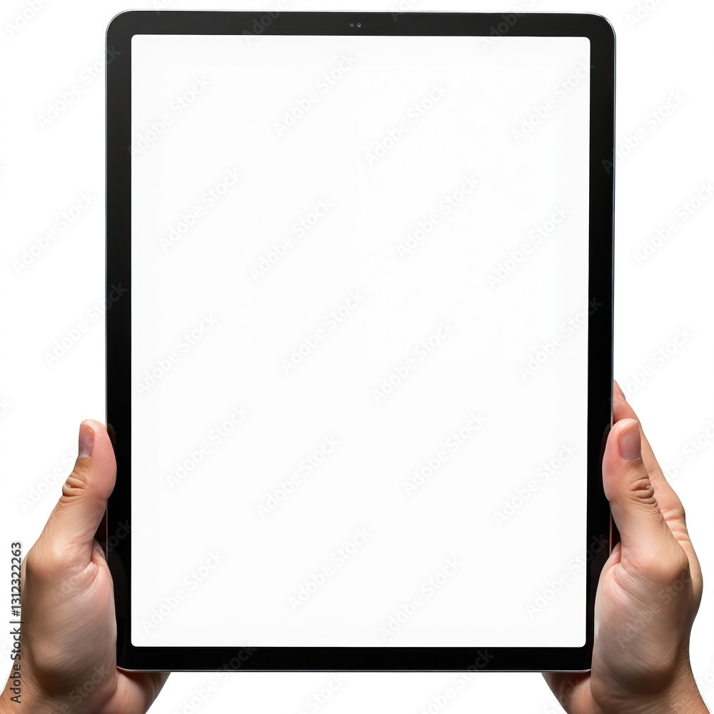 Poster hands holding straight black tablet with white blank screen. modern portable mobile device with touc