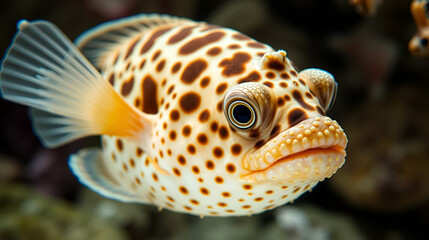 macro close up of puffer fish / blow fish or diodon holocanthus underwater in natural defenses mode
