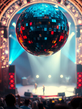 Shimmering Disco Ball Over a Concert Stage from the Disco Era. Concept Disco Ball, Concert Stage, Shimmering Lights, 70s Nostalgia, Music Scene