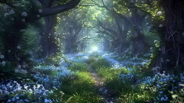 a beautiful magical forest filled with flowers, warm sun rays, and green lush trees, blue flowers