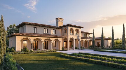 Fototapeta premium Mediterranean Mansion: Architectural Marvel at Golden Hour