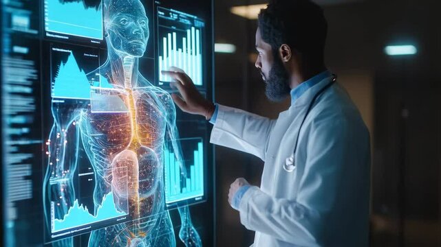 analyze holographic body models, utilizing biosensors and AI-powered tissue mapping to display real-time metabolic markers, nanoscale diagnostics, and precise biomolecular interventions.