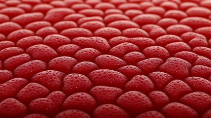 Red juicy surface of strawberries fills frame. For backgrounds, textures, or patterns