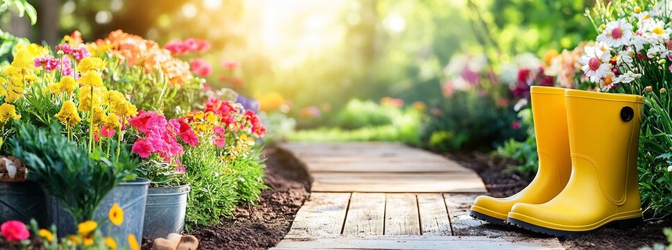Brightly colored garden with blooming flowers and yellow rubber boots on a wooden path in sunlight : Generative AI