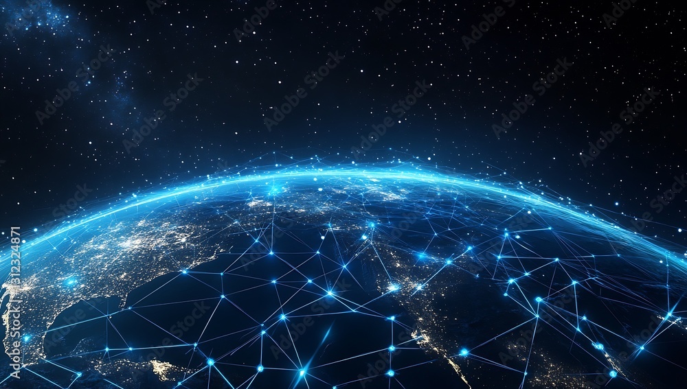 Poster Stunning view of Earth illuminated by city lights and connected by glowing networks from space : Generative AI