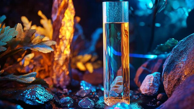 Elixir of the Mystical Forest: A captivating image of a glass cylinder containing a golden liquid, set against a backdrop of vibrant blue and orange lighting, rocks, and foliage.