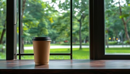 Takeaway coffee cup on wooden table with view of park through window for café promotions and designs with copy space