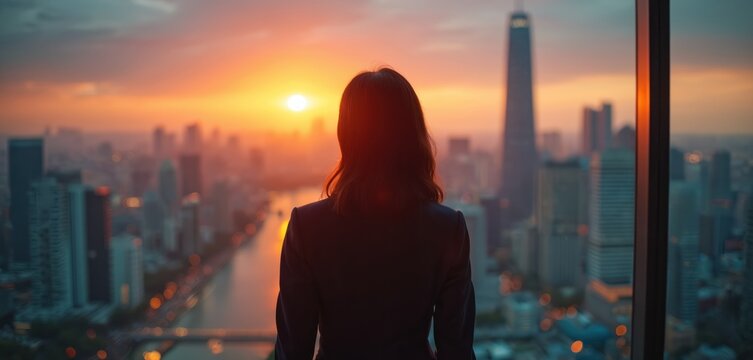 Successful rich eastern businesswoman stands in modern city looking, dreaming future business success, thinking new goals. Back view executive in suit near skyscraper window. Financial vision,