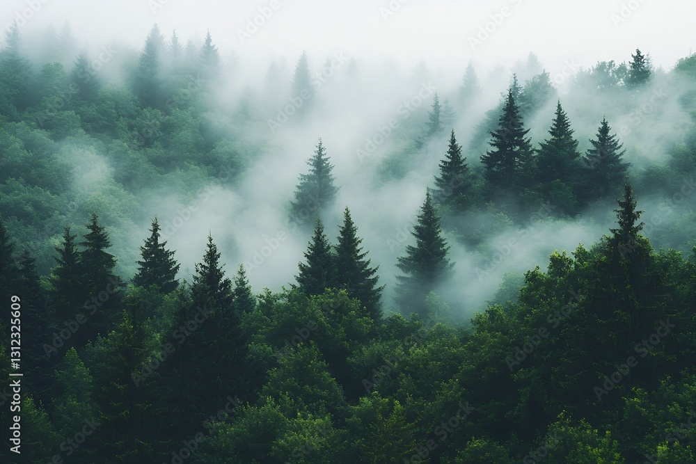 Poster Mysterious Forest Landscape Immerged in Fog with Lush Green Trees and Serenity : Generative AI