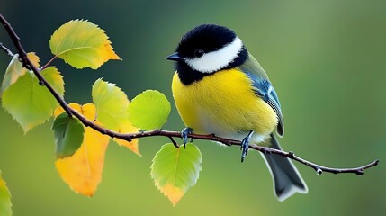 Obraz premium Great Tit Perched on Branch with Autumn Leaves