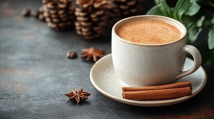 a white ceramic mug resting on a saucer with coffee and a cinnamon stick beside it