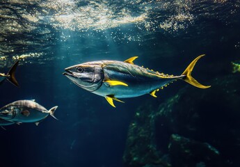 Majestic Yellowfin Tuna Swimming Gracefully Underwater in Clear Blue Ocean Environment with Sunlight Filtering Through the Surface