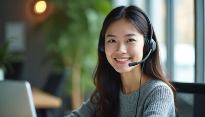 Smiling asian woman works on laptop at helpline support call center. Portrait of young business woman in headset looks at camera in office. Friendly receptionist gives support for customer service.
