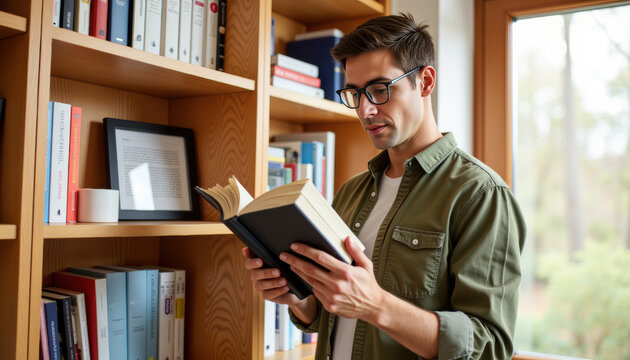 Man reading book in cozy home library with wooden shelves and natural light